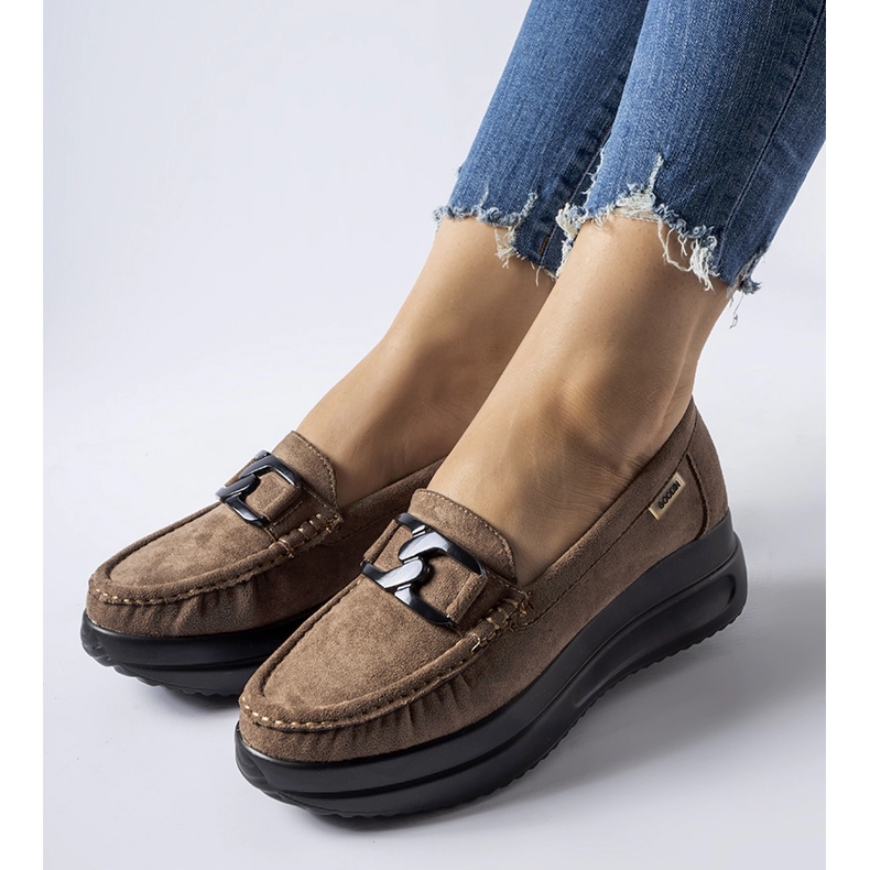 Brown eco-suede wedge moccasins 1