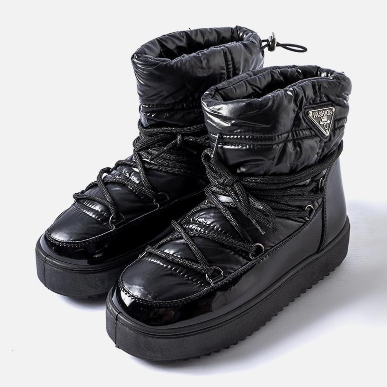 Black patent snow boots with elastic band 1