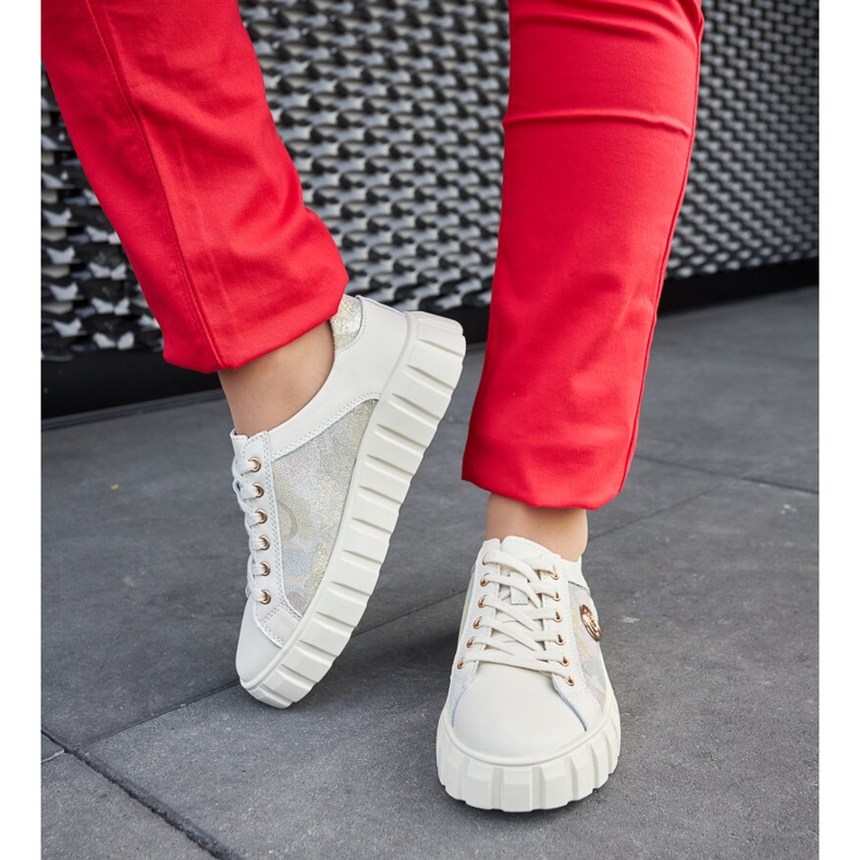 Beige leather sneakers with rhinestones 2