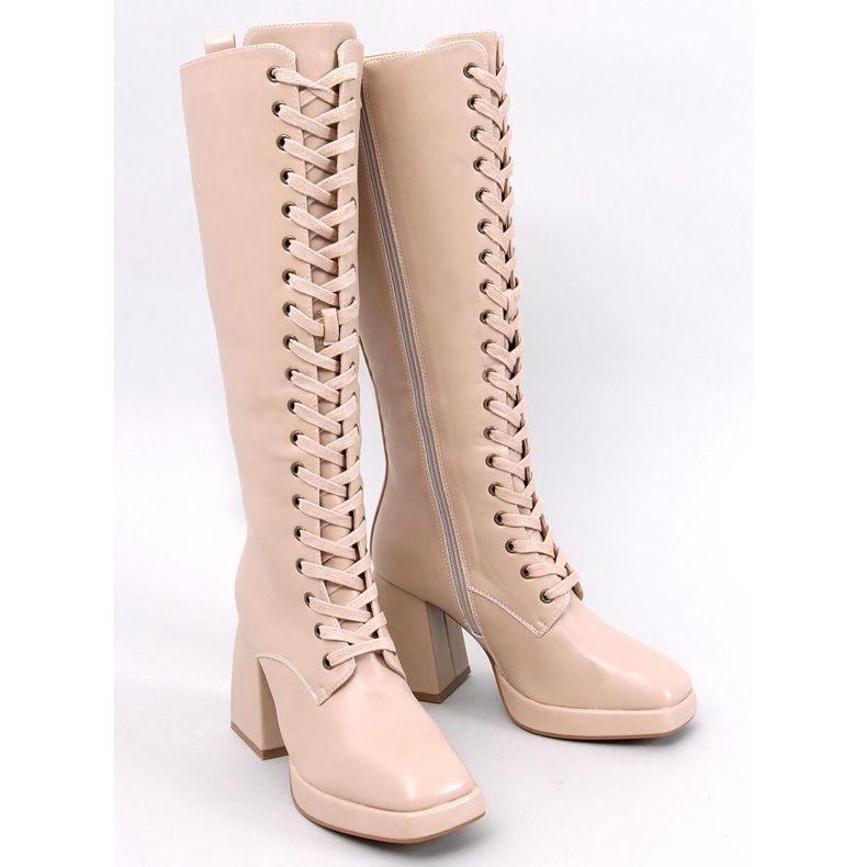 Wednesday Beige lace-up boots with a wide heel 1