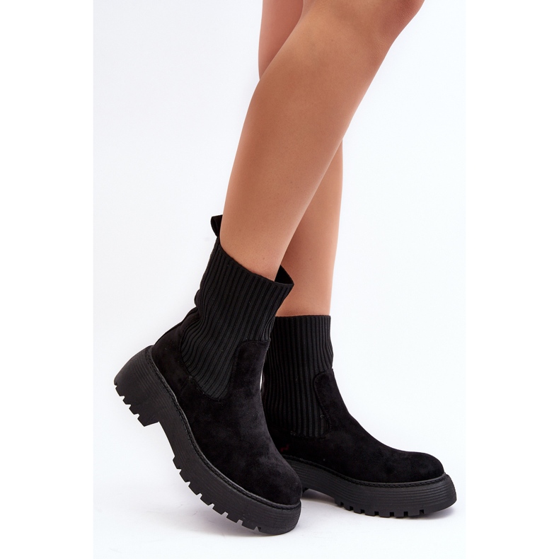 Suede Ankle Boots With A Sock On A Platform And A Flat Heel, Black Rewam 2
