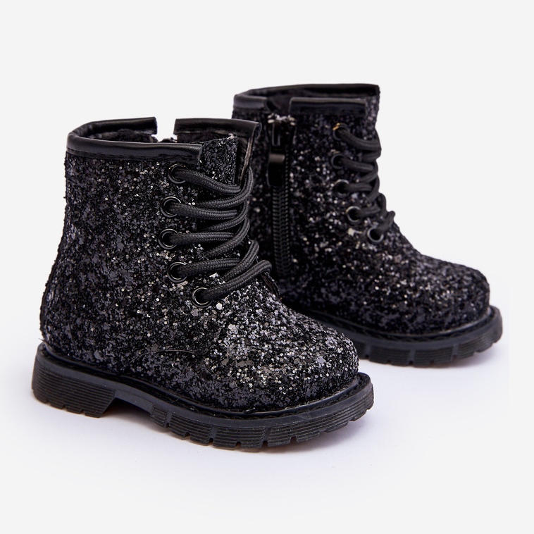 Children's Glitter Insulated Ankle Boots with Zipper, Black Saussa 1