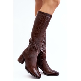 Women's Knee High Heel Boots, Snake Pattern, Brown Ceriona 1