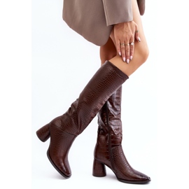 Women's Knee High Heel Boots, Snake Pattern, Brown Ceriona 2