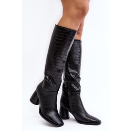 Women's Knee High Heel Boots, Snake Pattern, Black Ceriona 1
