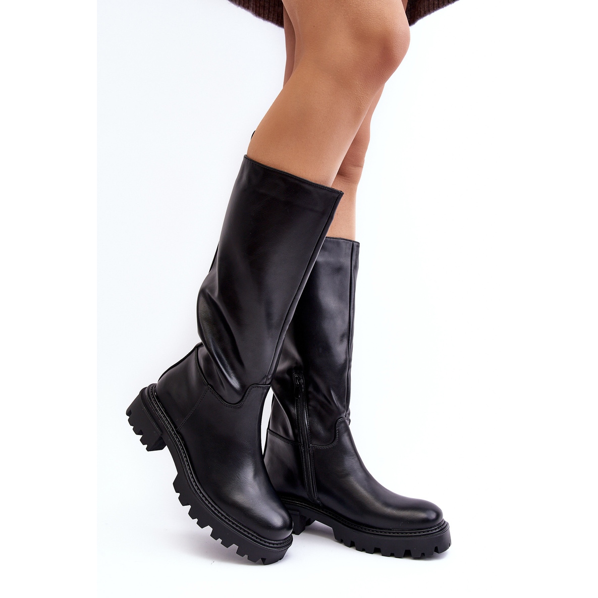 Black leather mid calf flat deals boots