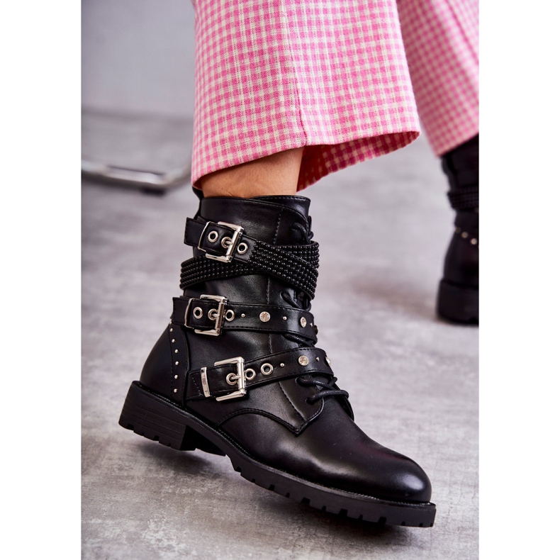 Women's Leather Ankle Boots With Decorative Straps Black 4