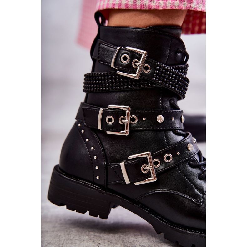 Women's Leather Ankle Boots With Decorative Straps Black 2