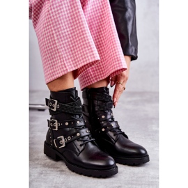 Women's Leather Ankle Boots With Decorative Straps Black 1
