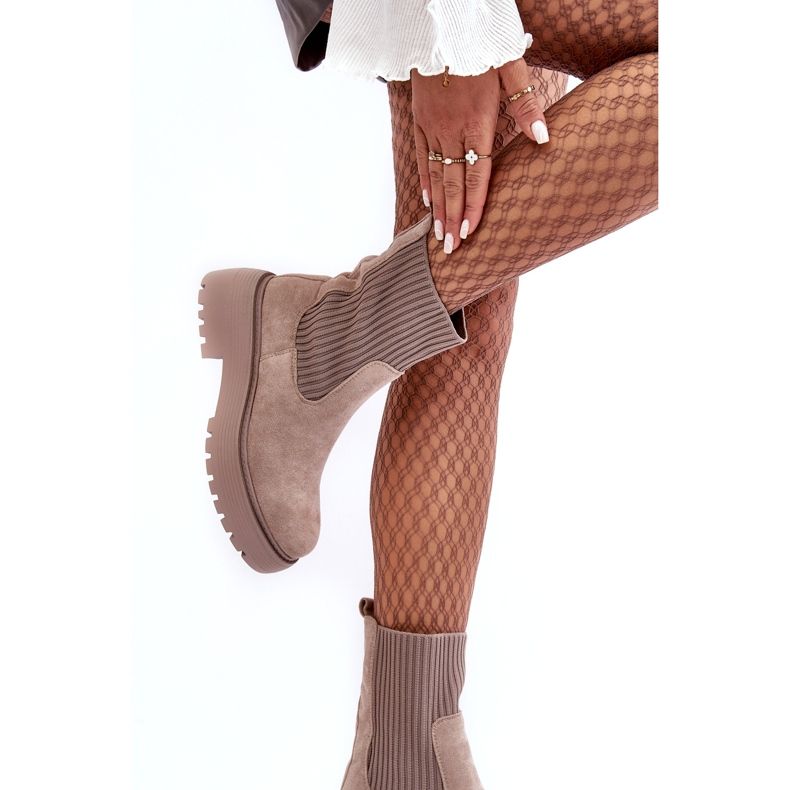 Seastar Dark beige suede ankle boots with a sock on a platform and a flat heel 2