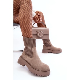 Seastar Dark beige suede ankle boots with a sock on a platform and a flat heel 3