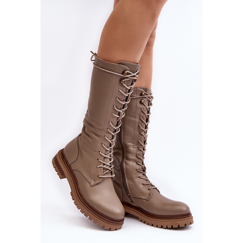 Women's Mid-Calf Lace-Up Boots Beige Elavettsa 1 Women's Mid-Calf Lace-Up Boots Beige Elavettsa 1