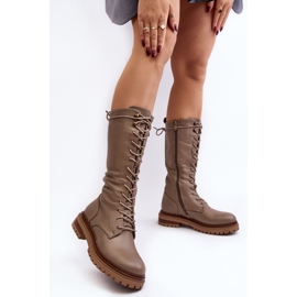 Women's Mid-Calf Lace-Up Boots Beige Elavettsa 2
