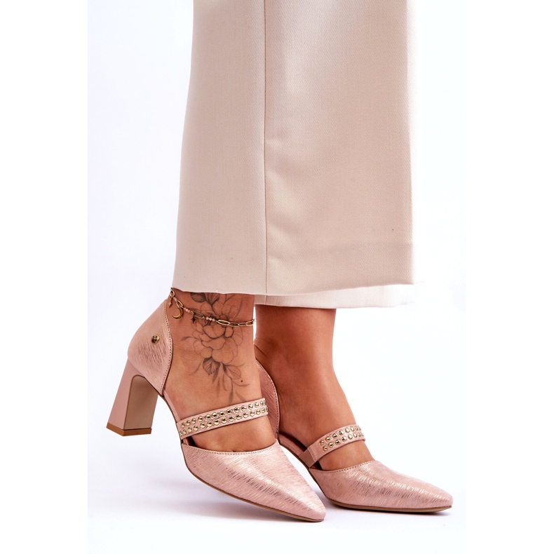 Women's leather pumps with belt and studs maciejka 05950-33 pink 4