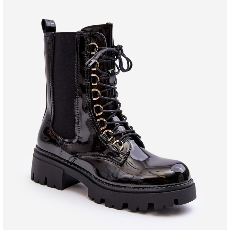 Women's Black Charmea Patent Worker Boots 1