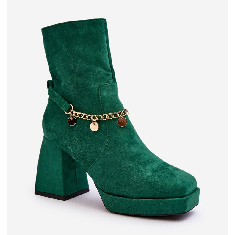 Women's ankle boots with a chain, green Tiselo 1