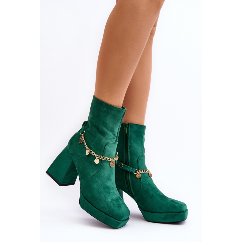 Women's ankle boots with a chain, green Tiselo 2