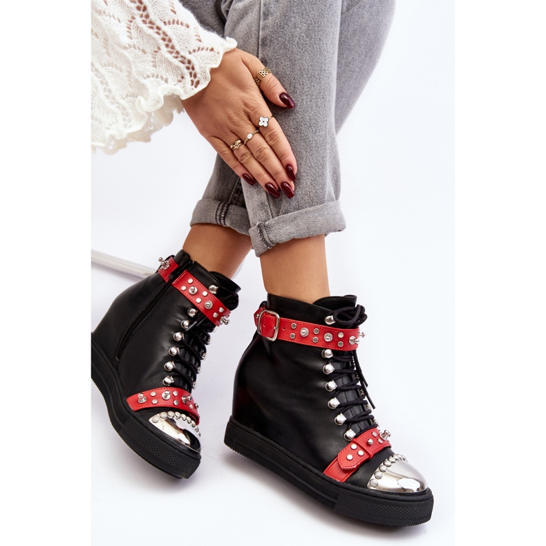 Insulated wedge boots with rhinestones, eco-leather Lu Boo, black 1