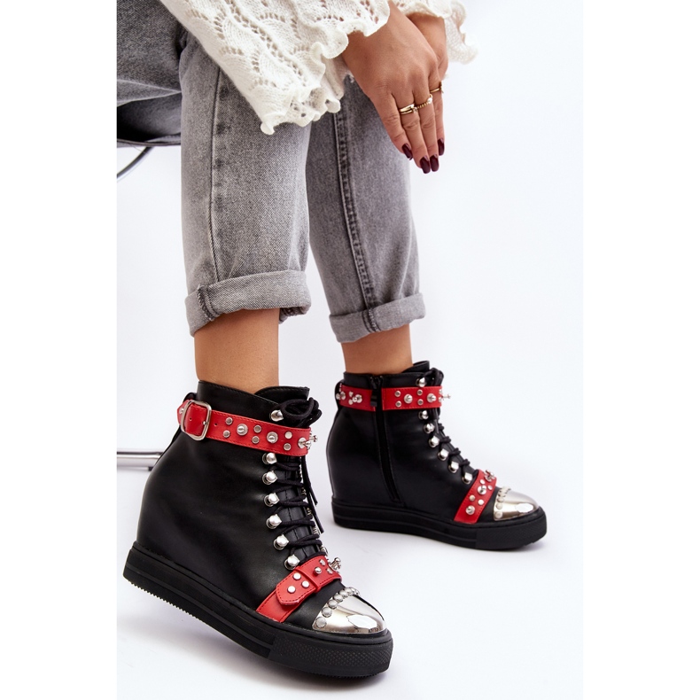 Insulated wedge boots with rhinestones, eco-leather Lu Boo, black 2