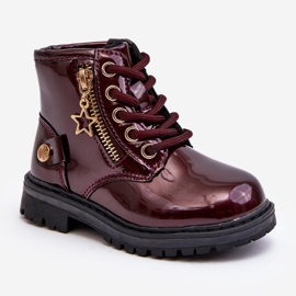 Girls' patent leather boots with a zipper, warm burgundy Felori red 2