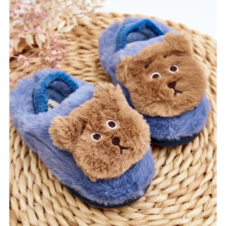 Children's fur slippers with a teddy bear, blue Dicera 2