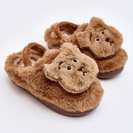 Children's fur slippers with a teddy bear, brown Dicera 2