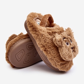 Children's fur slippers with a teddy bear, brown Dicera 1