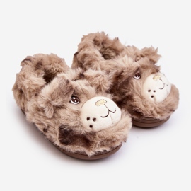 Fur children's slippers with a teddy bear, dark beige Apolanie 1