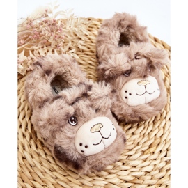 Fur children's slippers with a teddy bear, dark beige Apolanie 2