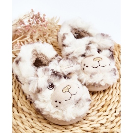 Furry children's slippers with a teddy bear, light beige Apolanie 2