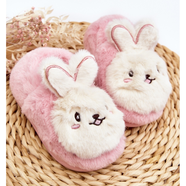 Furry children's slippers with a bunny, pink Apolanie 2