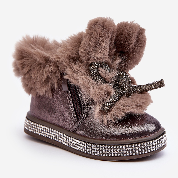 Children's snow boots with a zipper and fur, brown, Hanija 1