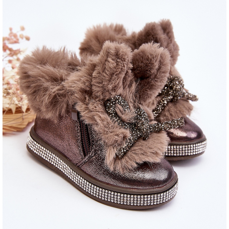 Children's snow boots with a zipper and fur, brown, Hanija 2