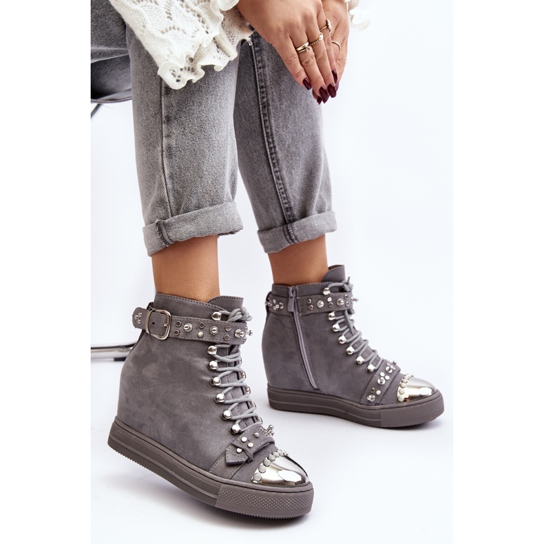Insulated wedge boots with rhinestones, suede Lu Boo, gray grey 2