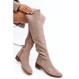 Women's Suede Over-the-Knee Boots with Flat Heels, Beige Hewanella 1