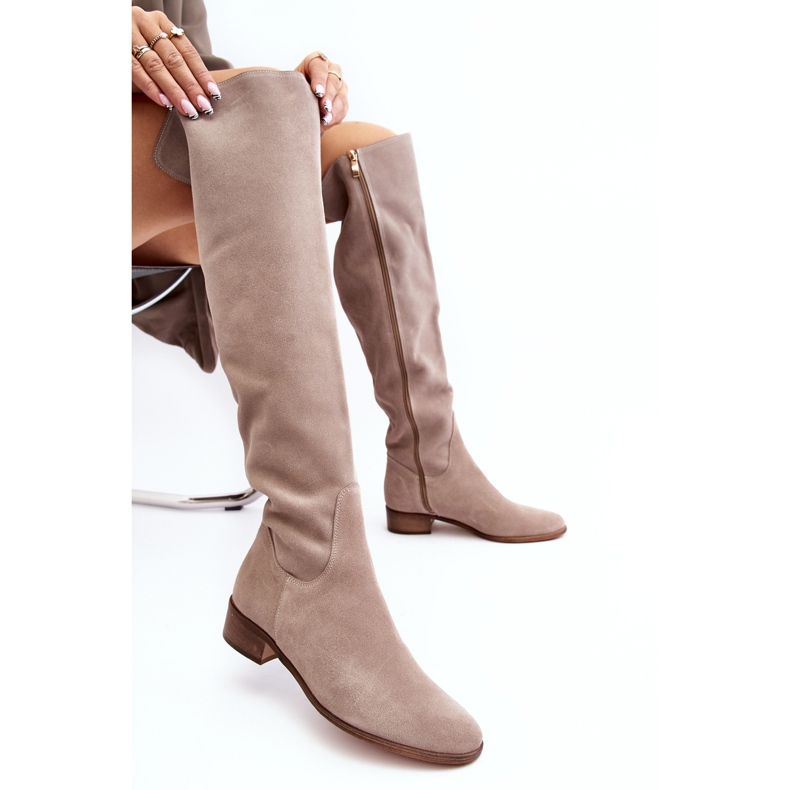 Women's Suede Over-the-Knee Boots with Flat Heels, Beige Hewanella 2