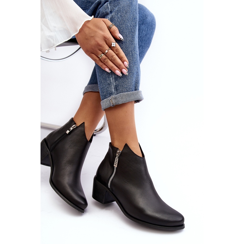 Women's leather ankle boots with a low upper on a high heel with zippers, Black Annaja 1