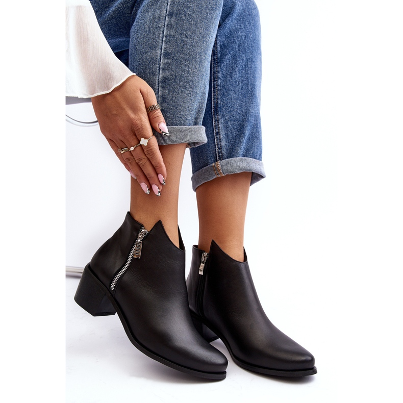 Women's leather ankle boots with a low upper on a high heel with zippers, Black Annaja 2