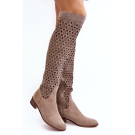 Suede Boots with an Openwork Pattern, Beige Pointe 1