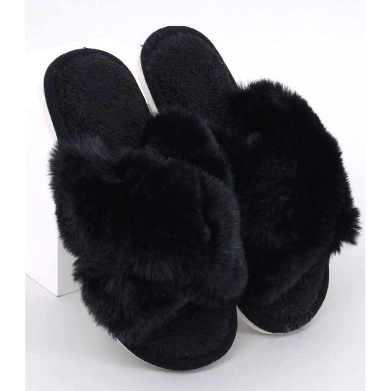 Parris Black fur cross-strap slippers 1