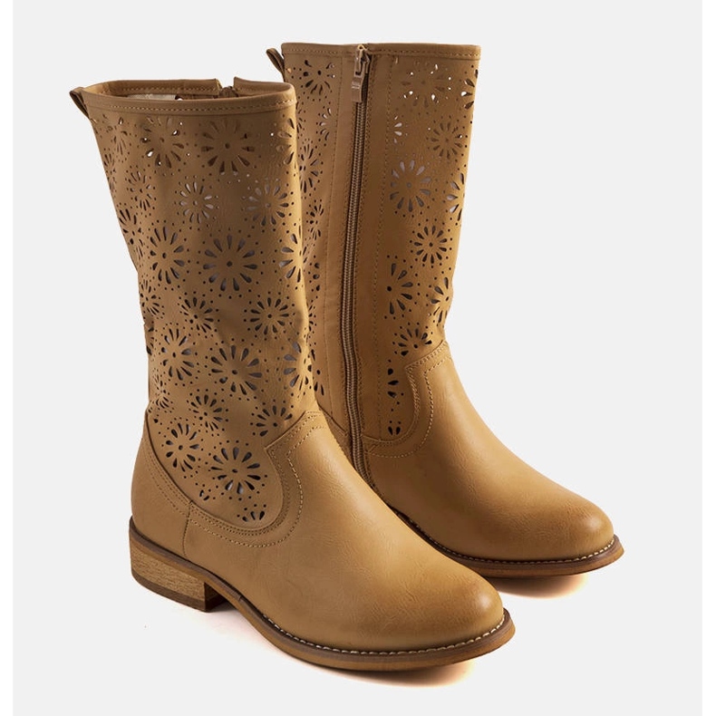 Light brown openwork children's boots by Bitsis beige 1