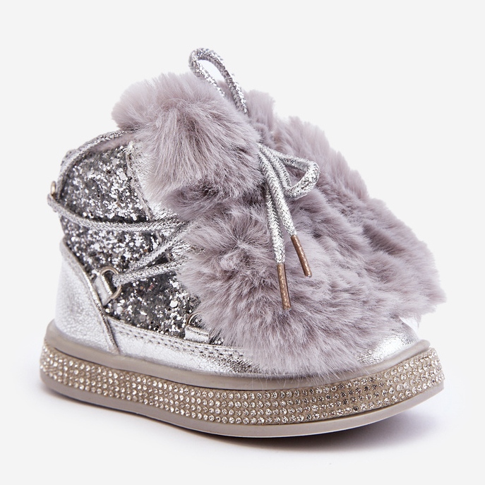 Children's snow boots with fur and sequins, silver Bryana 1