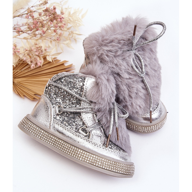 Children's snow boots with fur and sequins, silver Bryana 2