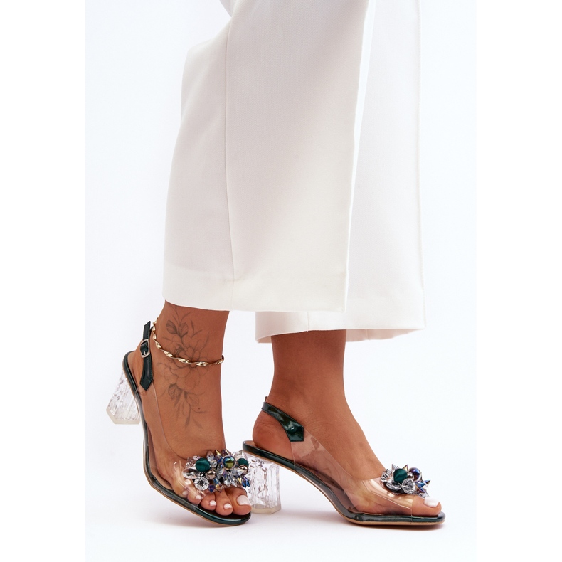 Decorated High Heel Sandals, Dark Green S.Barski MR1037-16 1 Decorated High Heel Sandals, Dark Green S.Barski MR1037-16 1