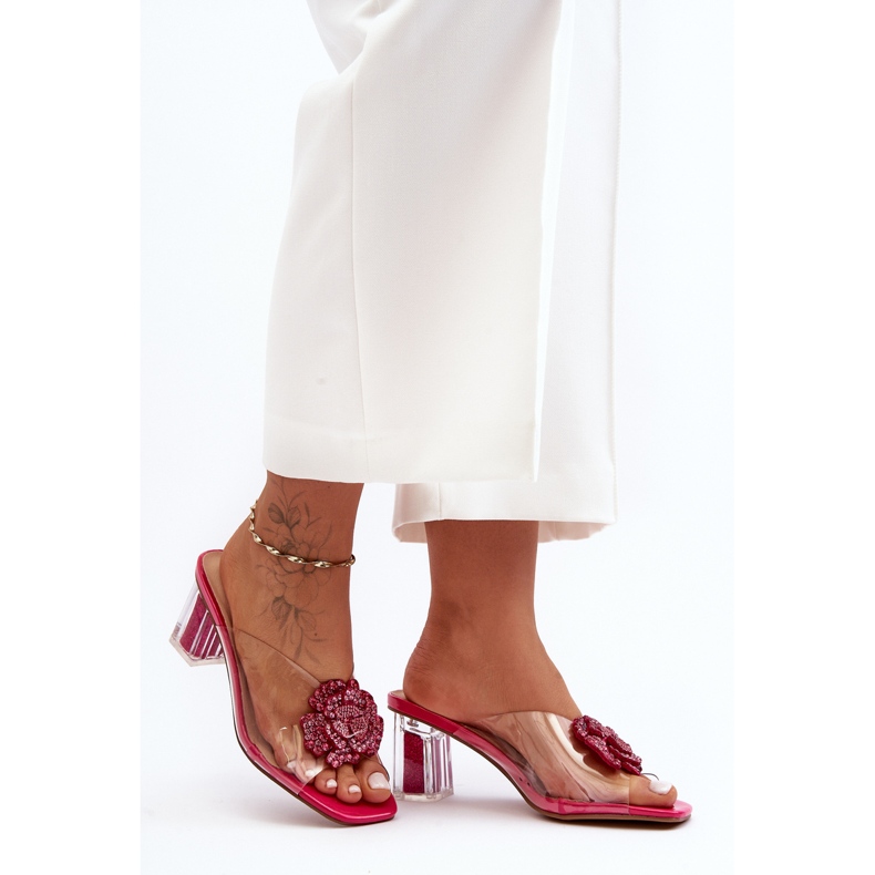 Transparent Flip-Flops On A High Heel With Fuchsia Decoration S.Barski MR1037-20 pink 1