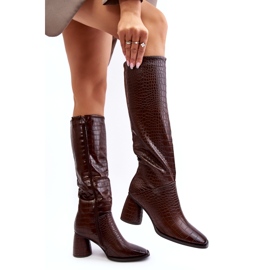 Women's Knee High Heel Boots, Snake Pattern, Brown Ceriona 3