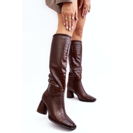 Women's Knee High Heel Boots, Snake Pattern, Brown Ceriona 4