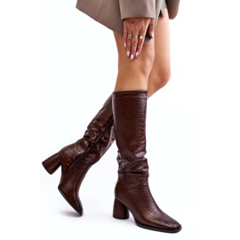 Women's Knee High Heel Boots, Snake Pattern, Brown Ceriona 7