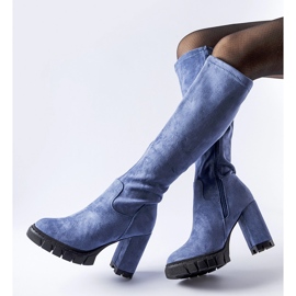 Blue boots with a massive Marquette heel 1
