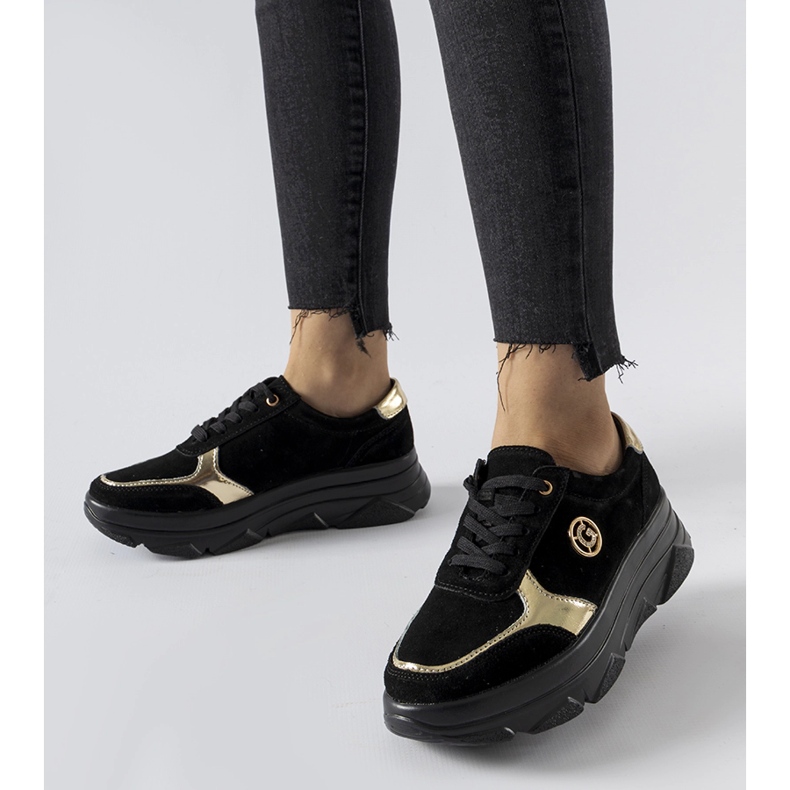Black leather sneakers with Galileo rhinestones 1